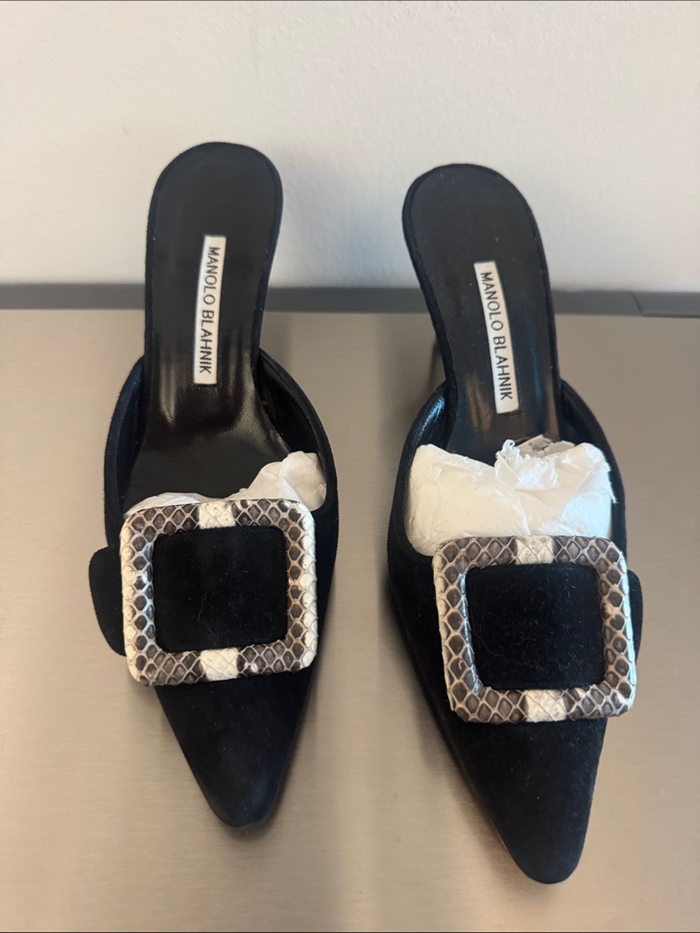 Vintage Manolo Blahnik Black Pointed Velvet Mule with Snake-Print Buckles